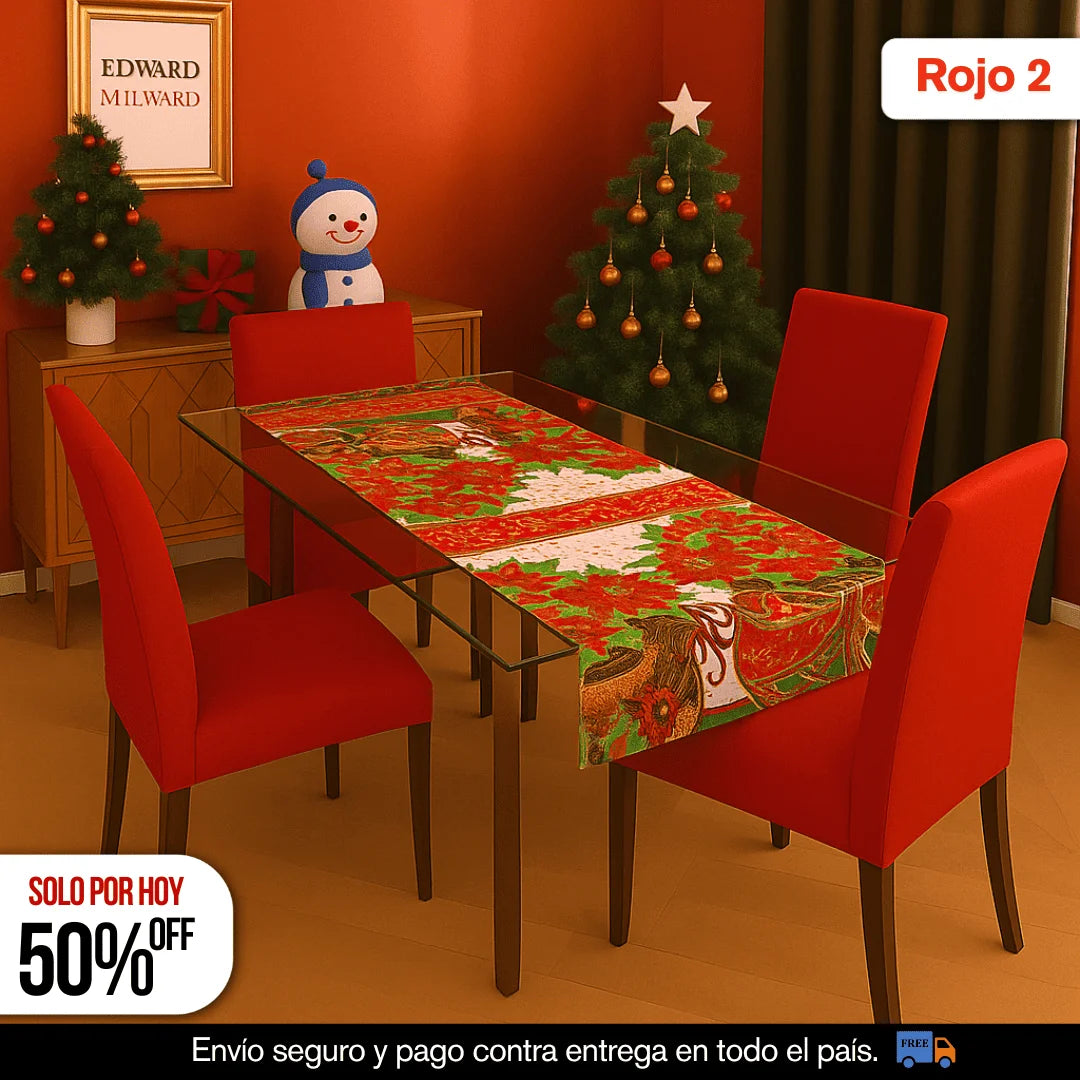 SET NAVIDEÑO DE COMEDOR – 4 FUNDAS PARA SILLAS + CENTRO DE MESA