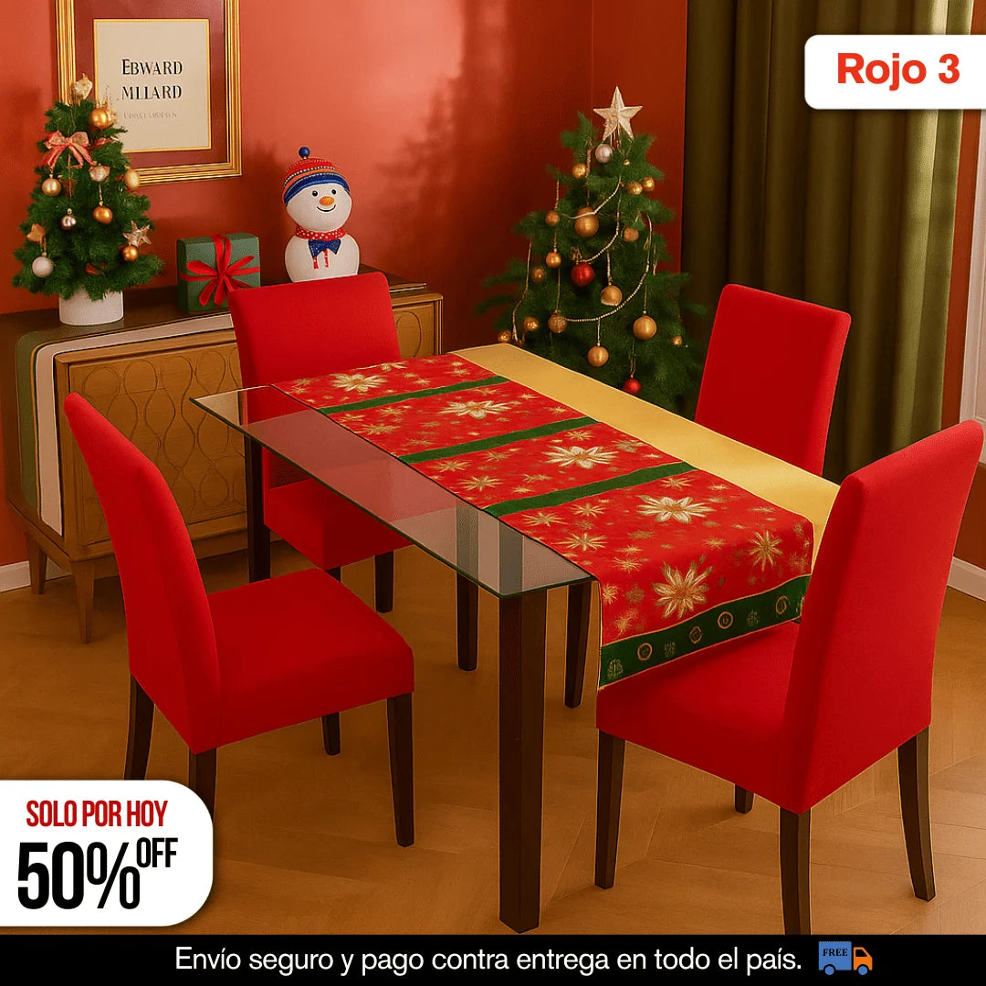 SET NAVIDEÑO DE COMEDOR – 4 FUNDAS PARA SILLAS + CENTRO DE MESA
